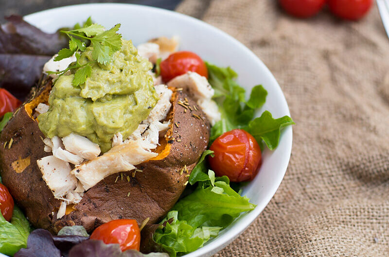 Baked Sweet Potato With Tuna & Basil Guacamole